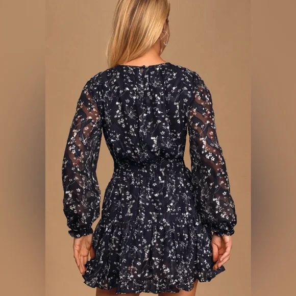 Lulus Too Cute Navy Blue Floral Print Smocked Long Sleeve Mini Dress Size XS - Picture 2 of 6